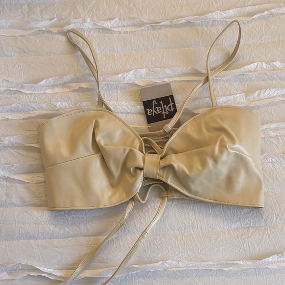 Pitaya Tops - Pitaya Bone Faux Leather Knot Bust Top